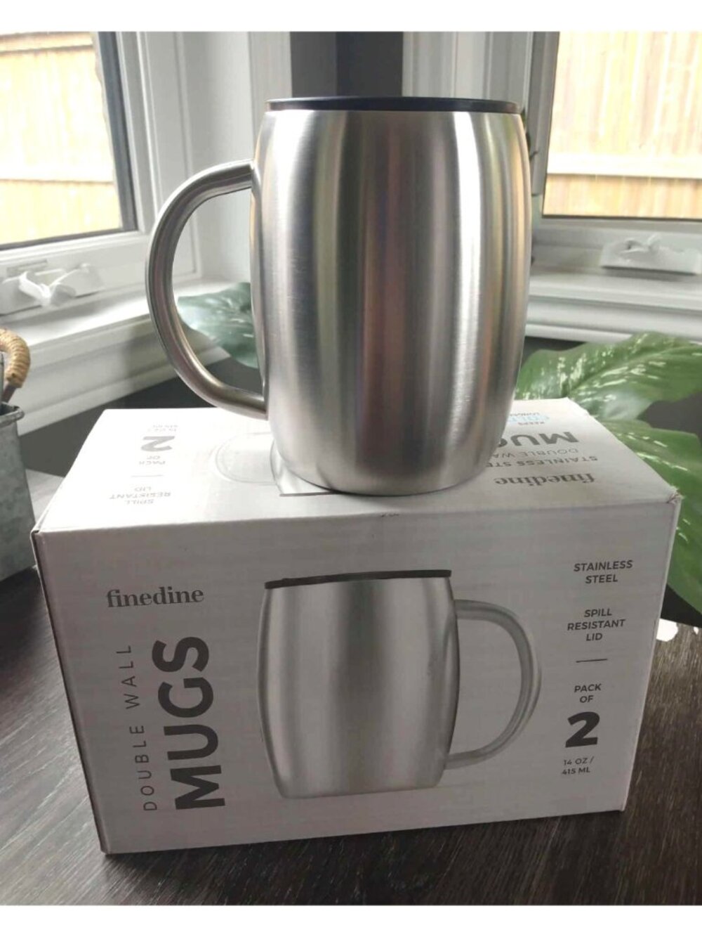 FineDine 2 Pack Insulated Stainless Steel Coffee Mug with Lid and Handle  14 oz